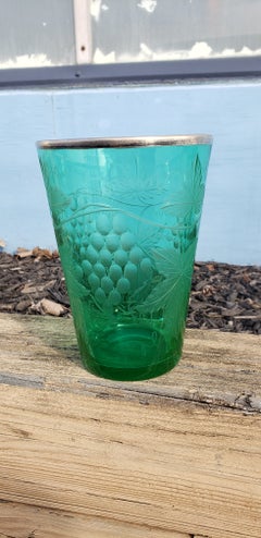 Edwardian Etched Uranium Glass Vase with Silver Rim