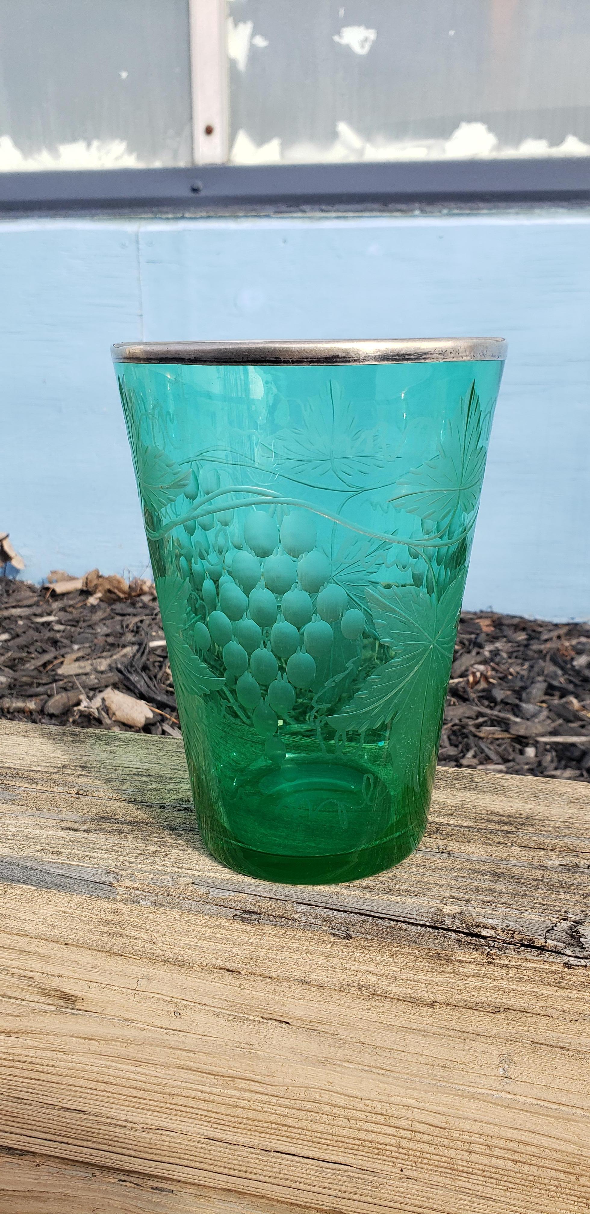 Edwardianische Vase aus geätztem Uraniumglas mit silbernem Rand (Böhmisch) im Angebot