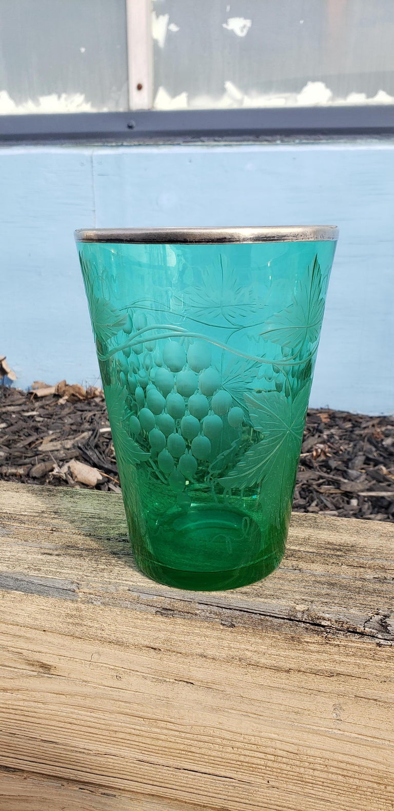 Edwardian Etched Uranium Glass Vase with Silver Rim For Sale at 1stDibs