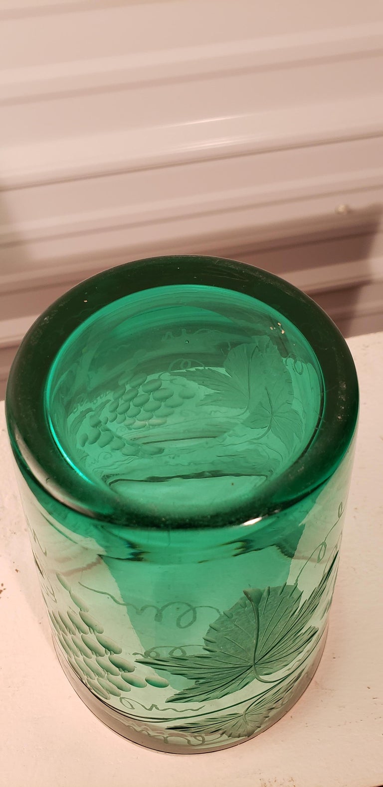 Edwardian Etched Uranium Glass Vase with Silver Rim For Sale at 1stDibs