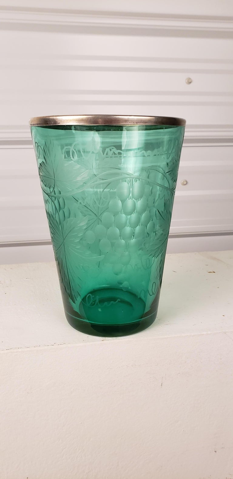Edwardian Etched Uranium Glass Vase with Silver Rim For Sale at 1stDibs