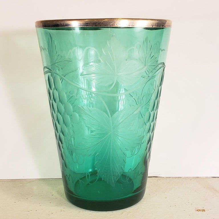 Edwardian Etched Uranium Glass Vase with Silver Rim For Sale at 1stDibs