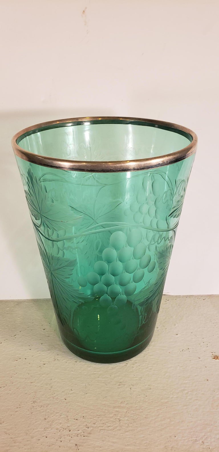 Edwardian Etched Uranium Glass Vase with Silver Rim For Sale at 1stDibs