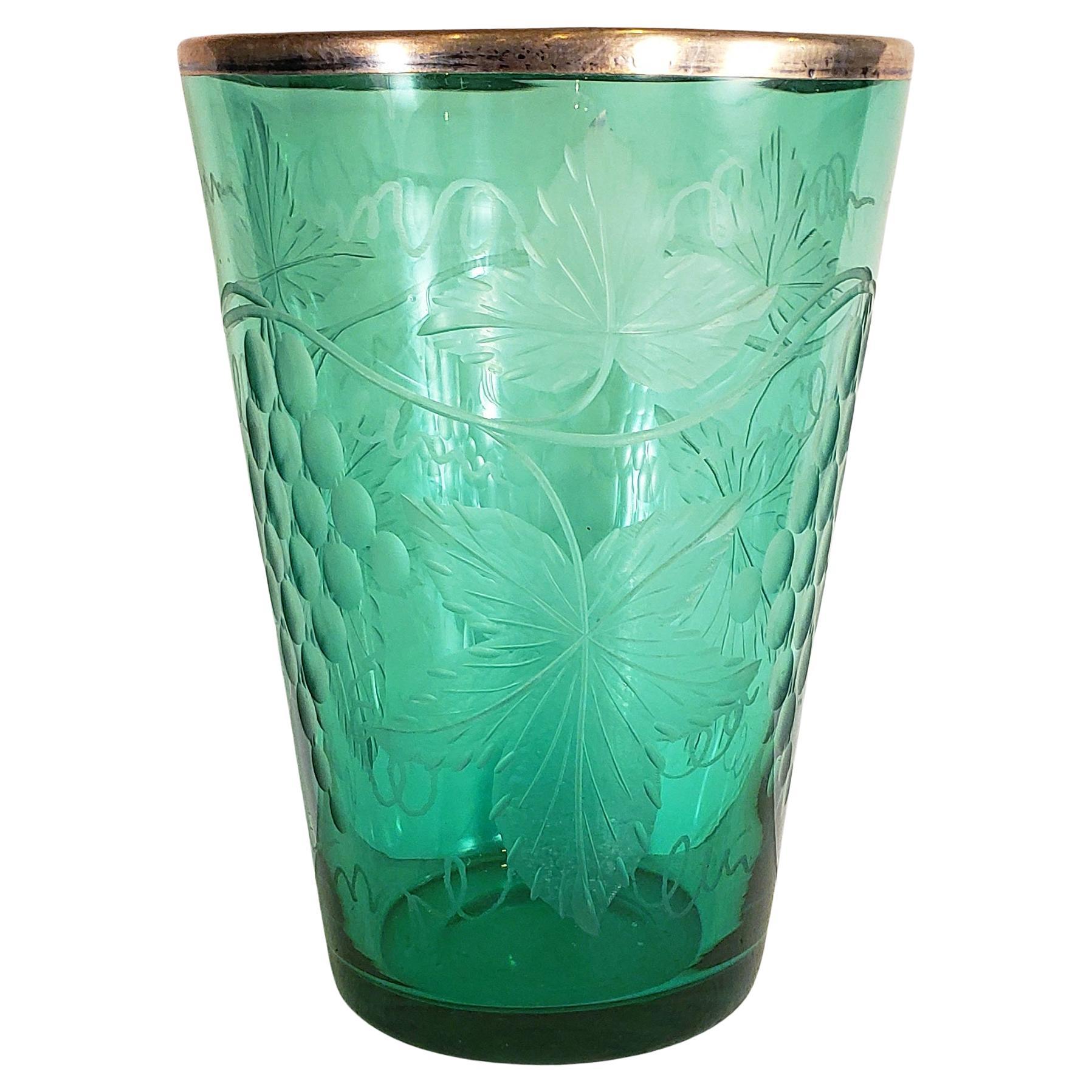Edwardian Etched Uranium Glass Vase with Silver Rim