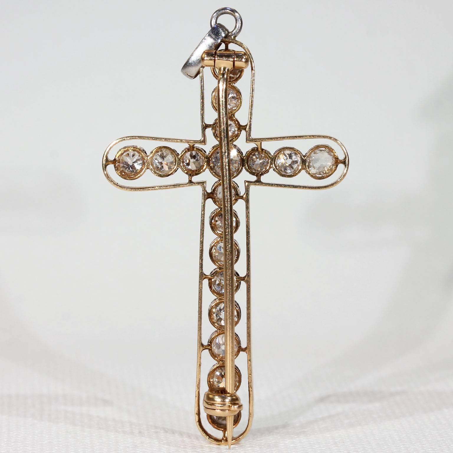 Edwardian European Cut Diamond Cross Pendant Brooch For Sale 1