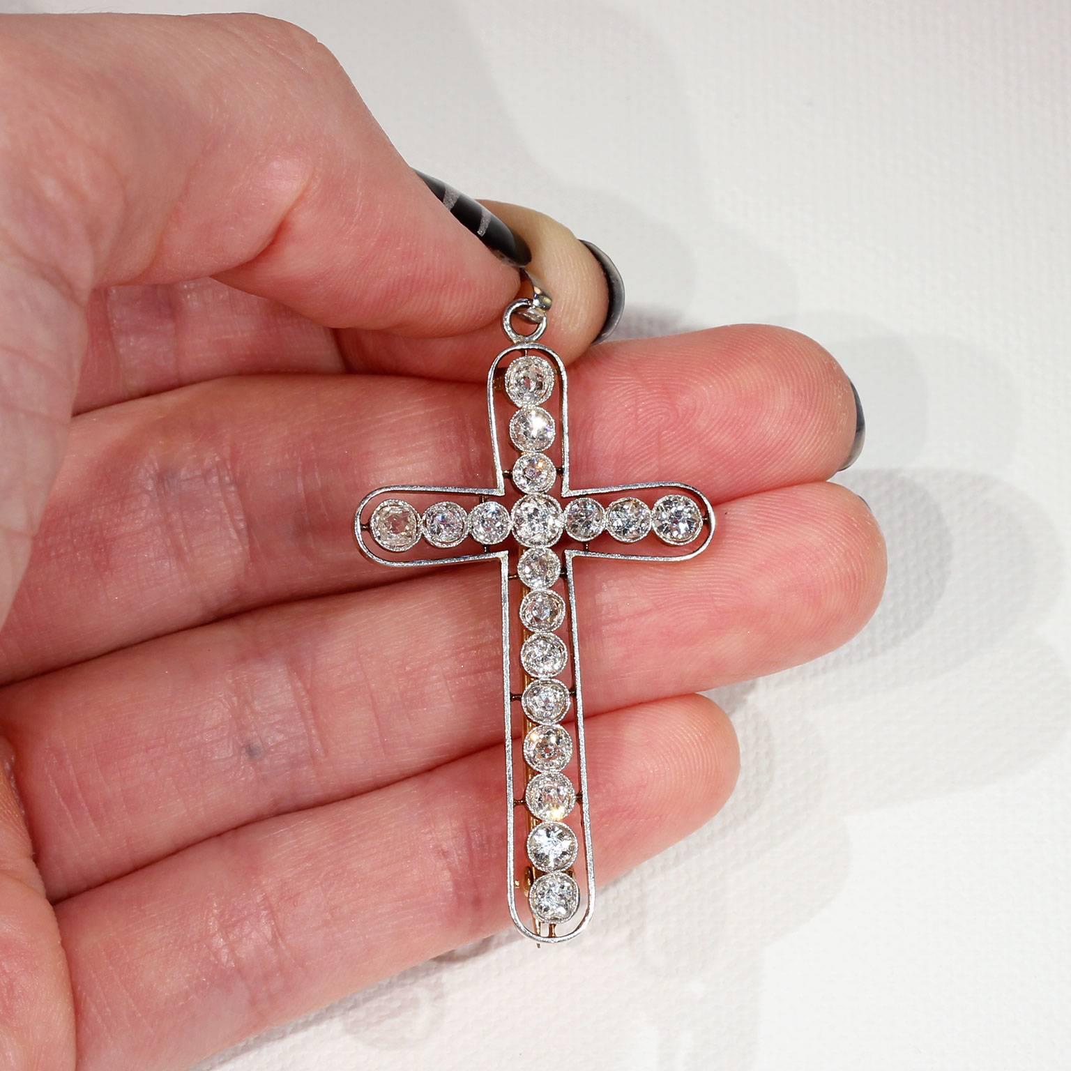 Edwardian European Cut Diamond Cross Pendant Brooch For Sale 2