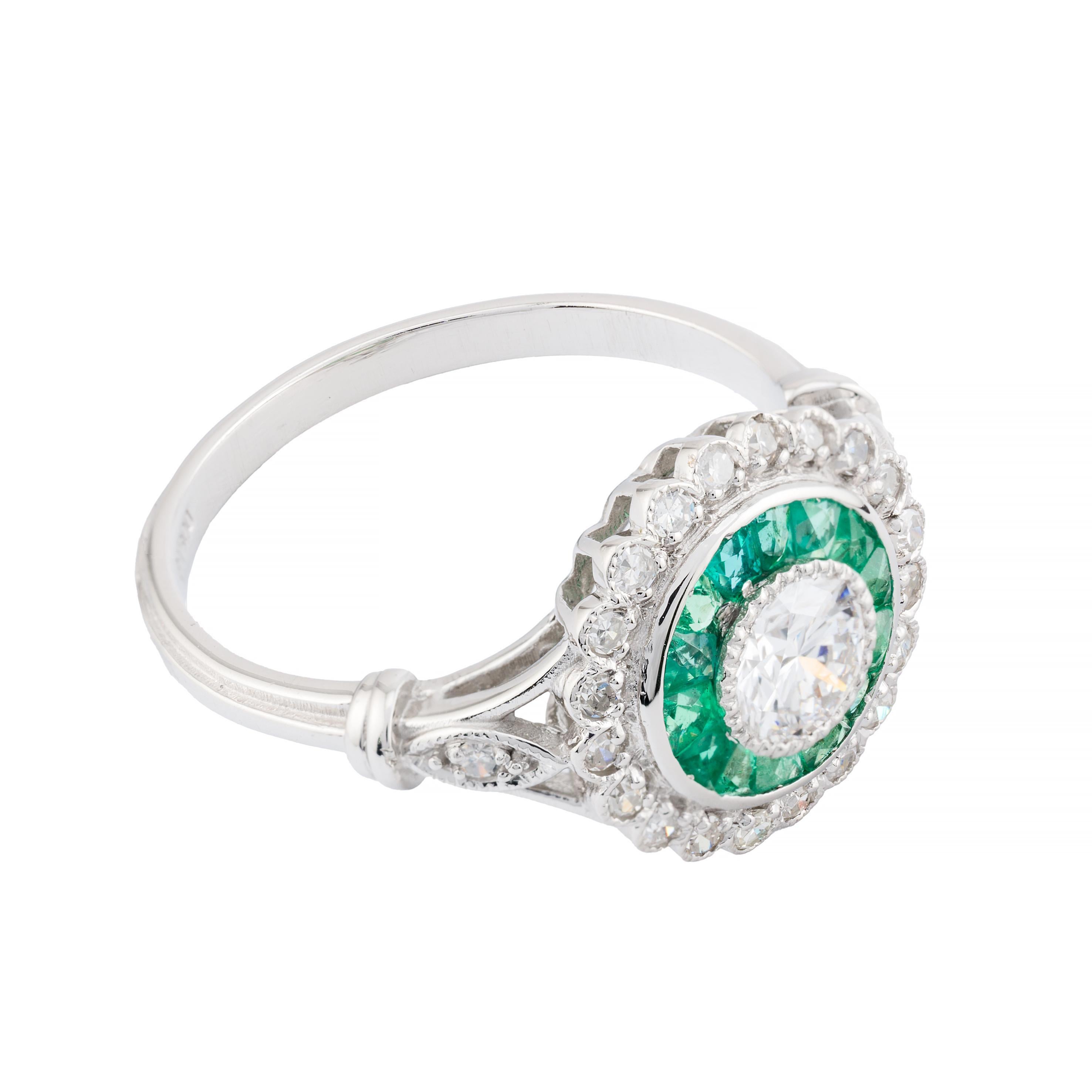 Old European Cut Edwardian European Cut Diamond & Emerald Target Style Ring in Platinum For Sale