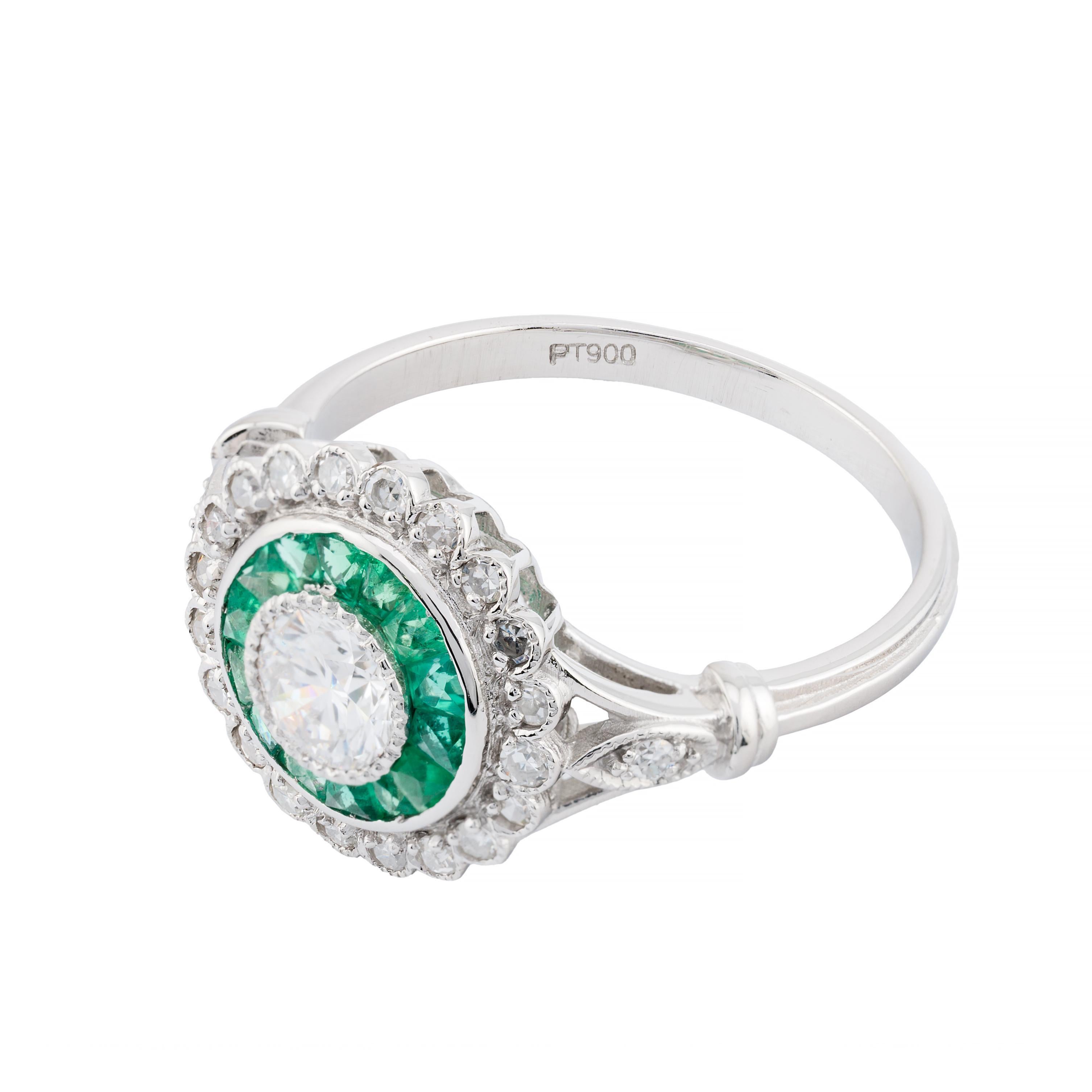Edwardian European Cut Diamond & Emerald Target Style Ring in Platinum In Excellent Condition For Sale In Boston, MA