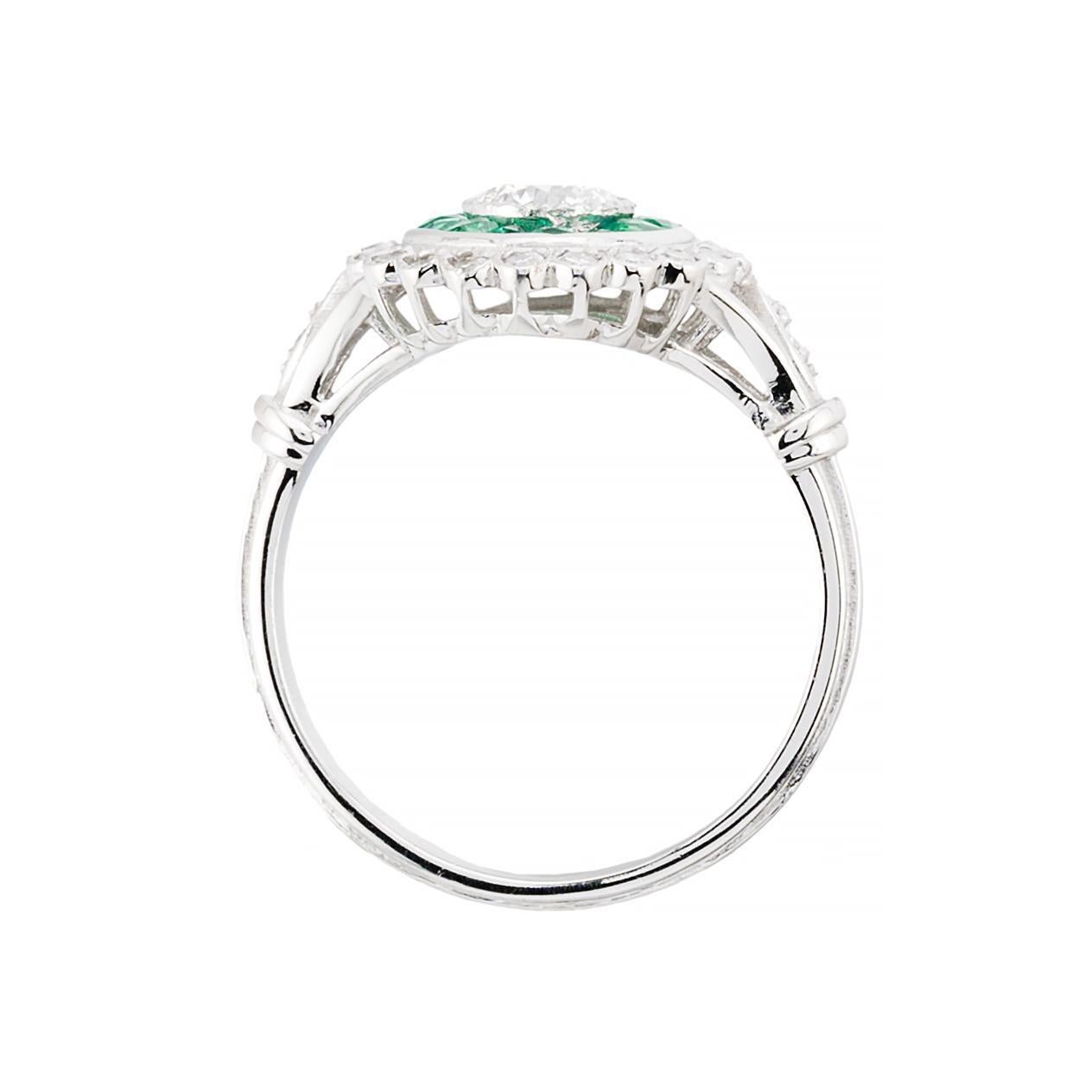 Women's Edwardian European Cut Diamond & Emerald Target Style Ring in Platinum For Sale