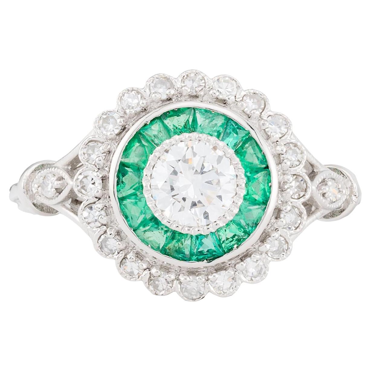 Edwardian European Cut Diamond & Emerald Target Style Ring in Platinum