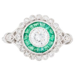 Edwardian European Cut Diamond & Emerald Target Style Ring in Platinum