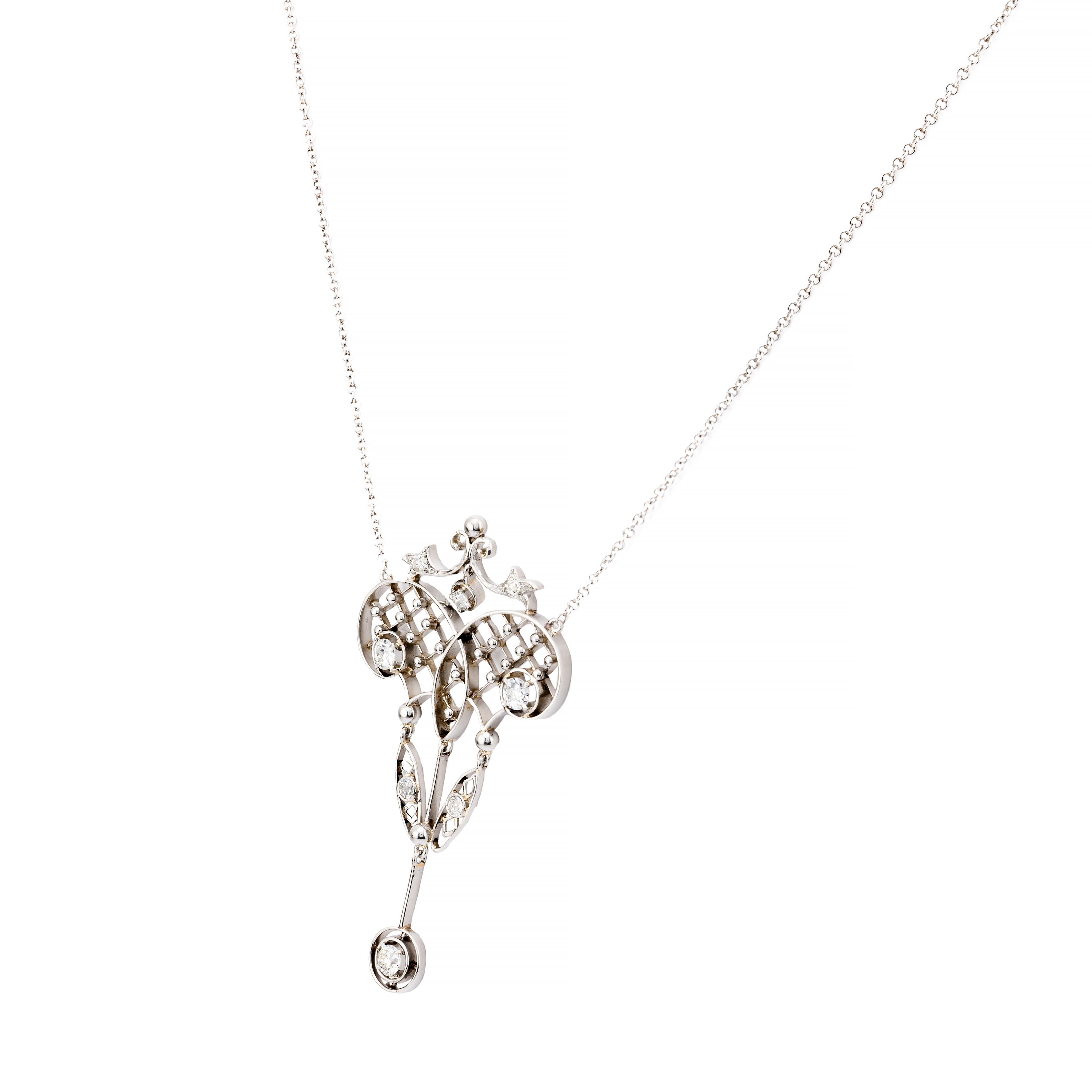 Edwardian European Cut Diamond Lavalier Necklace in Platinum im Zustand „Hervorragend“ im Angebot in Boston, MA