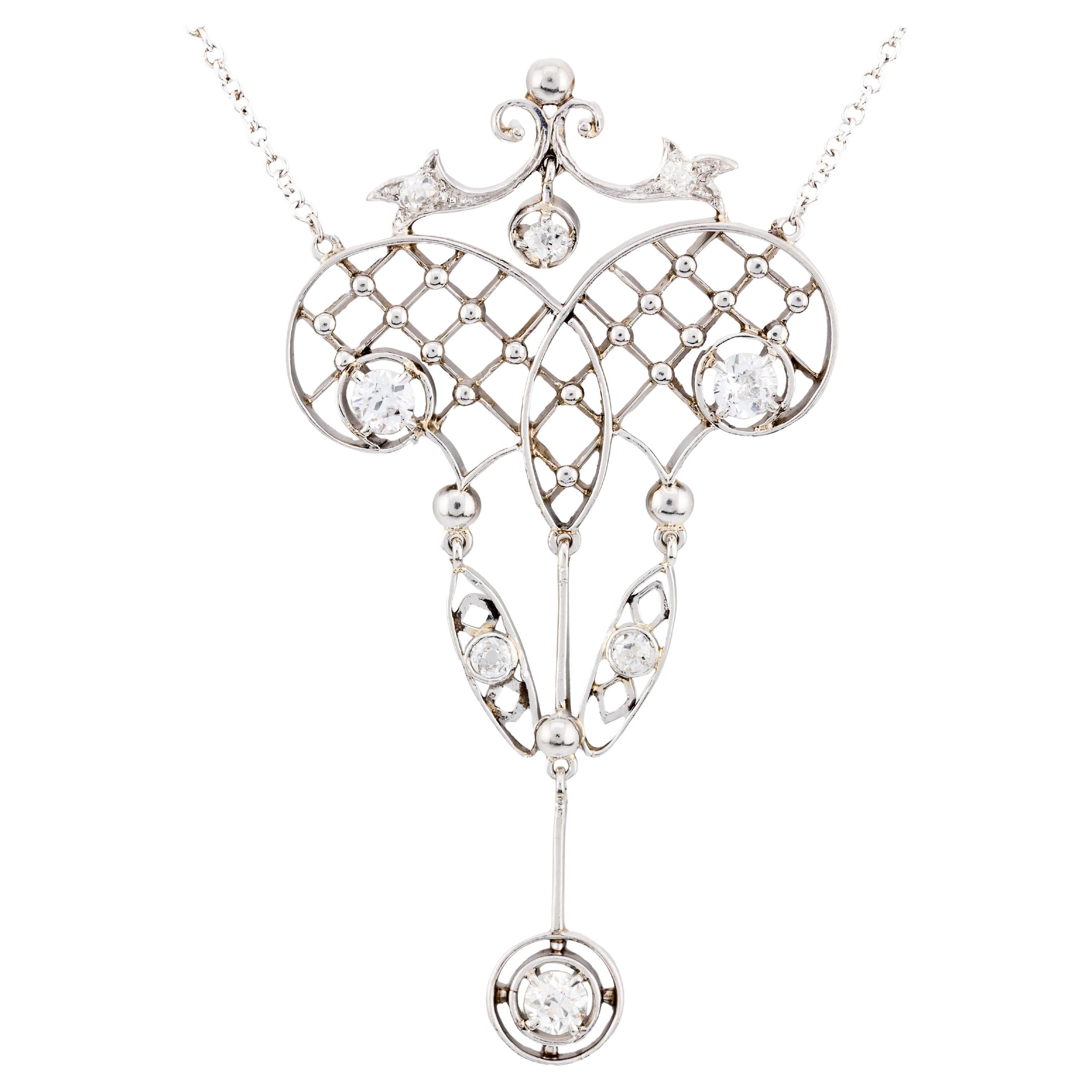 Edwardian European Cut Diamond Lavalier Necklace in Platinum