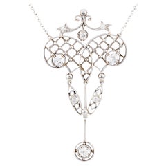Edwardian European Cut Diamond Lavalier Necklace in Platinum