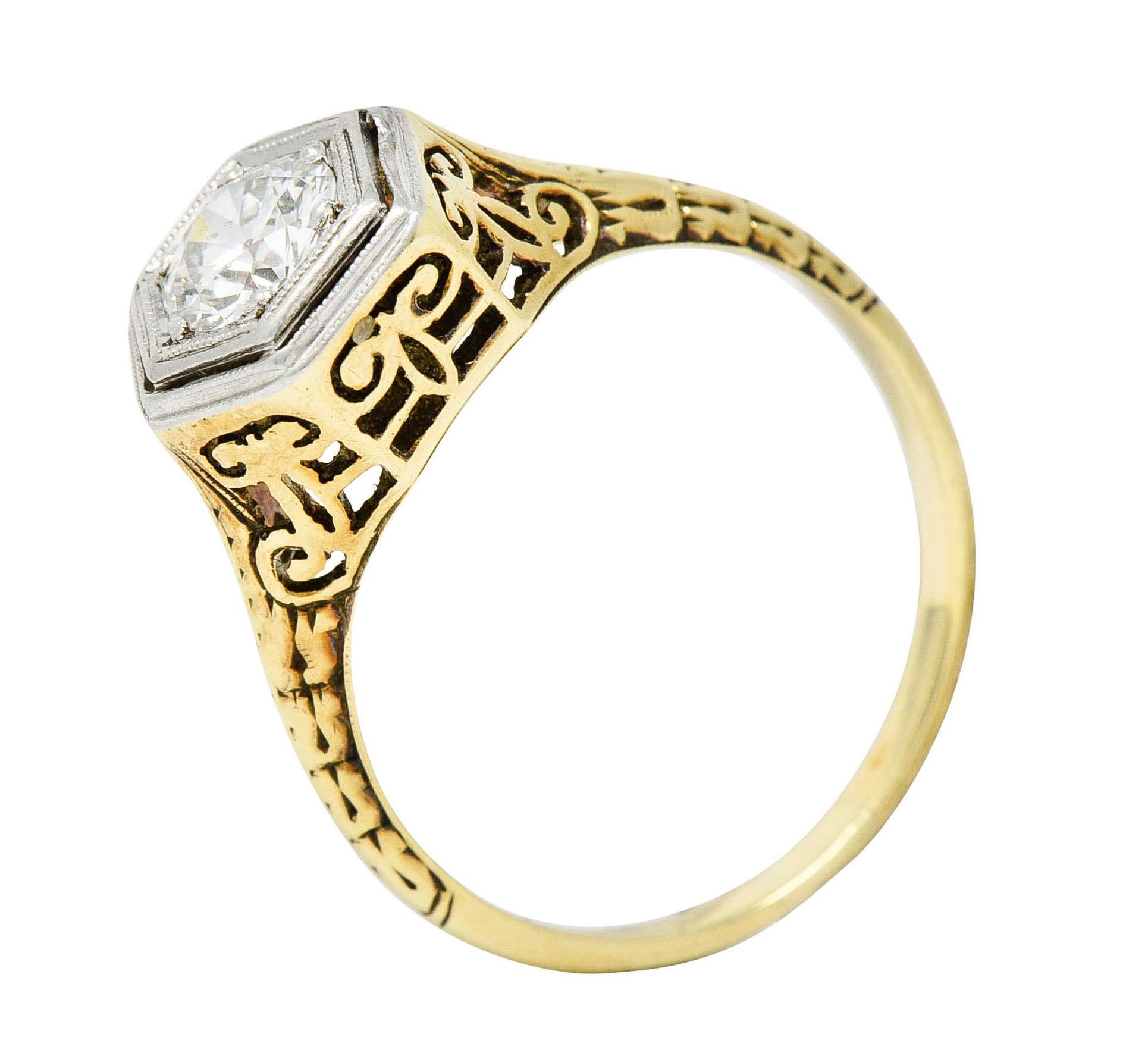 Verlobungsring aus Platin mit europäischem Diamantschliff aus 14 Karat Gold im Edwardianischen Schliff im Angebot 4