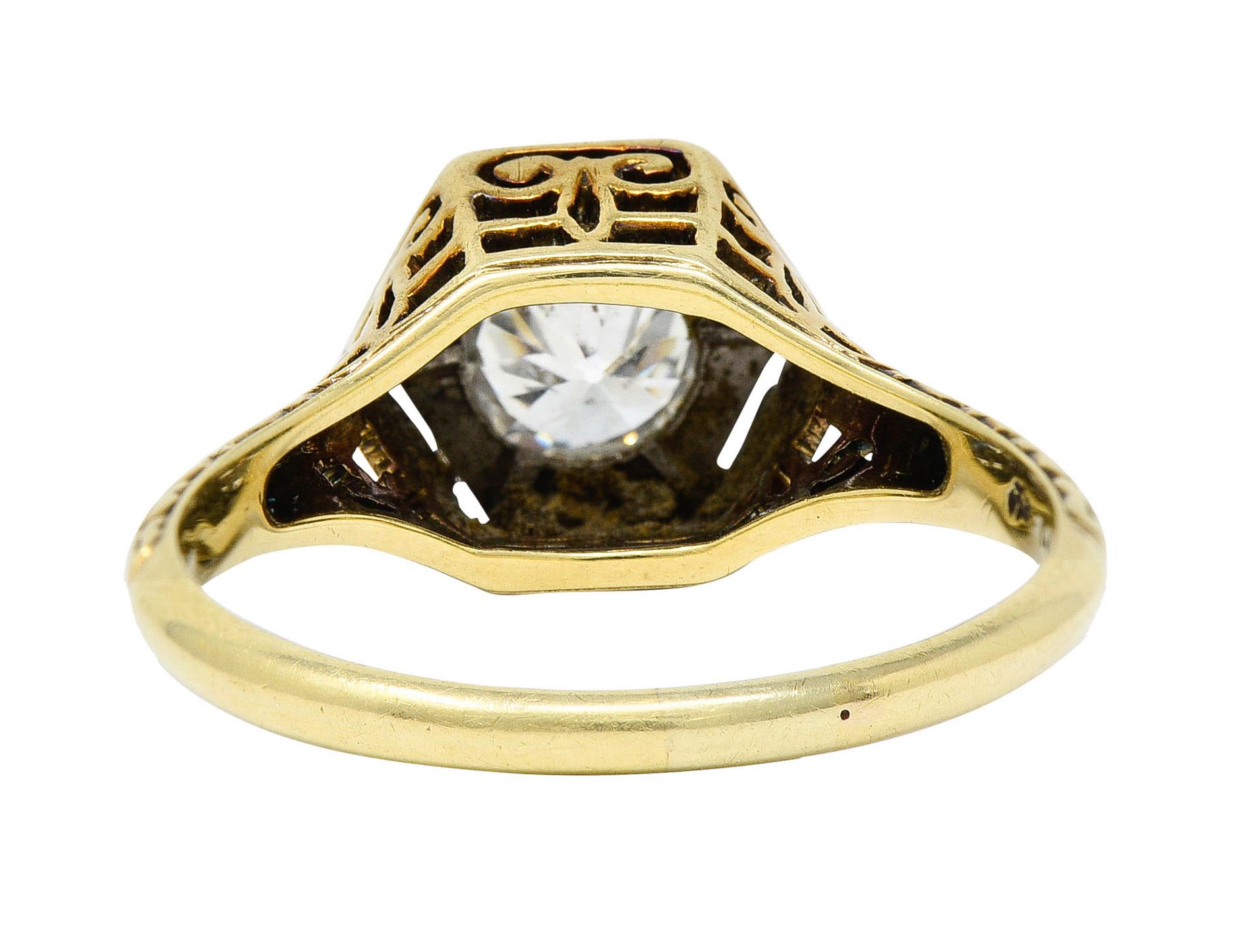 Verlobungsring aus Platin mit europäischem Diamantschliff aus 14 Karat Gold im Edwardianischen Schliff (Art déco) im Angebot