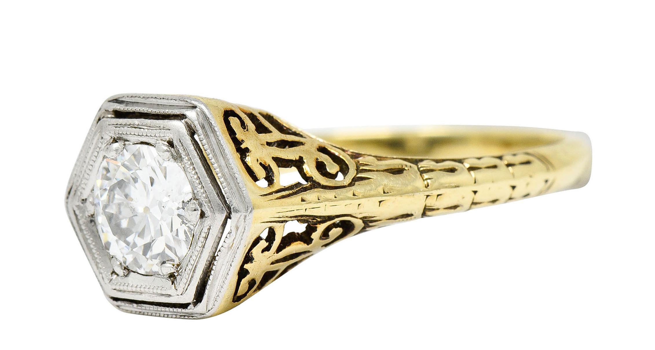 Art Deco Edwardian European Cut Diamond Platinum 14 Karat Gold Engagement Ring For Sale