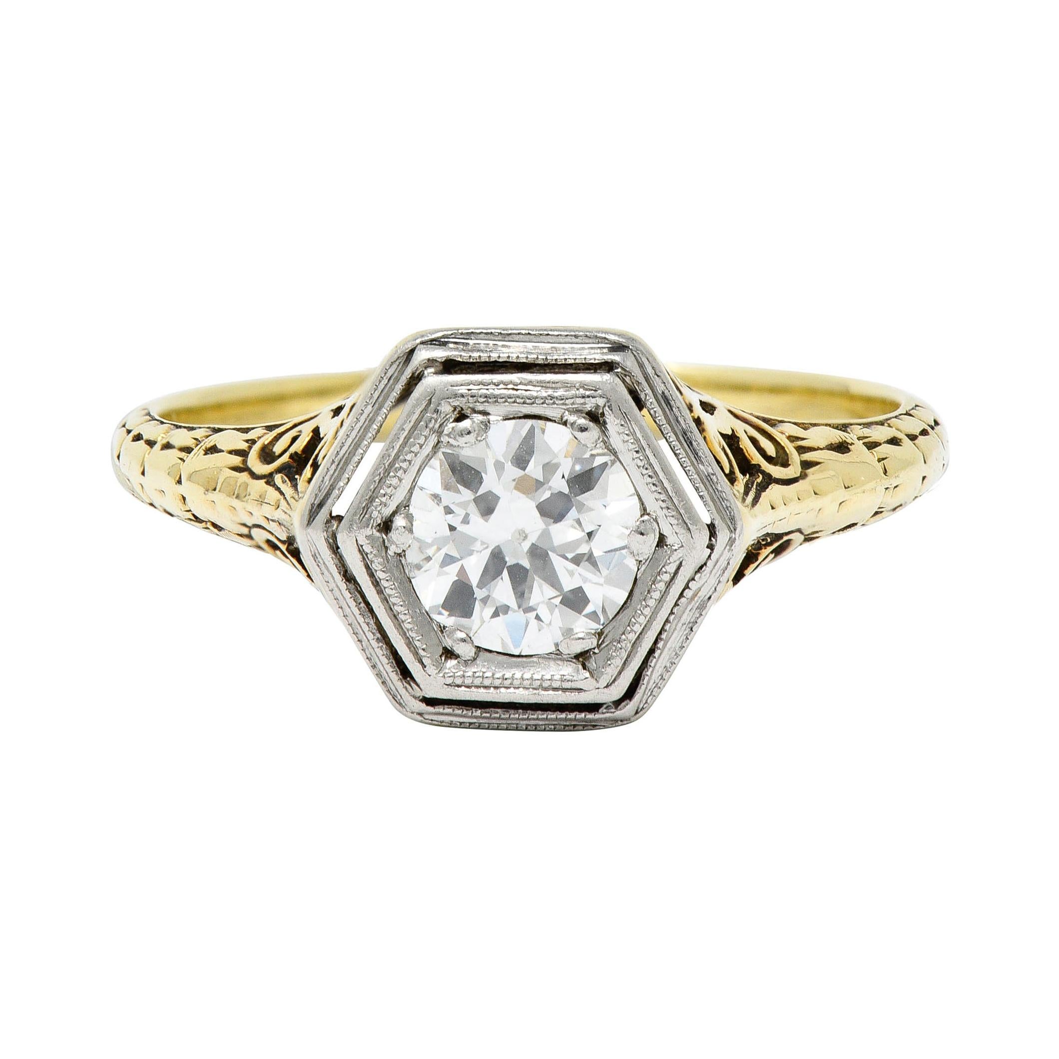 Edwardian European Cut Diamond Platinum 14 Karat Gold Engagement Ring