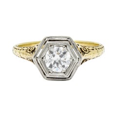 Verlobungsring aus Platin mit europäischem Diamantschliff aus 14 Karat Gold im Edwardianischen Schliff