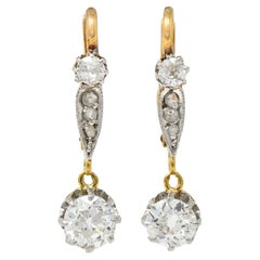 Edwardian European Cut Diamond Platinum Top 18 Karat Gold Antique Drop Earrings