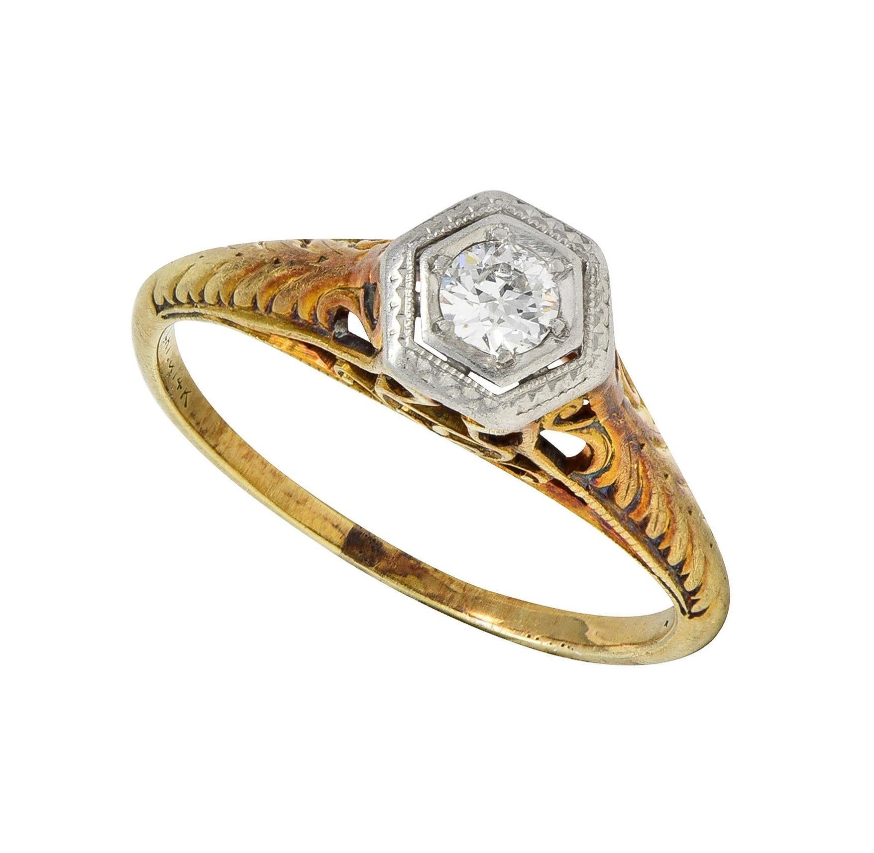 Edwardian European Diamond Platinum 14K Gold Antique Feather Engagement Ring 6