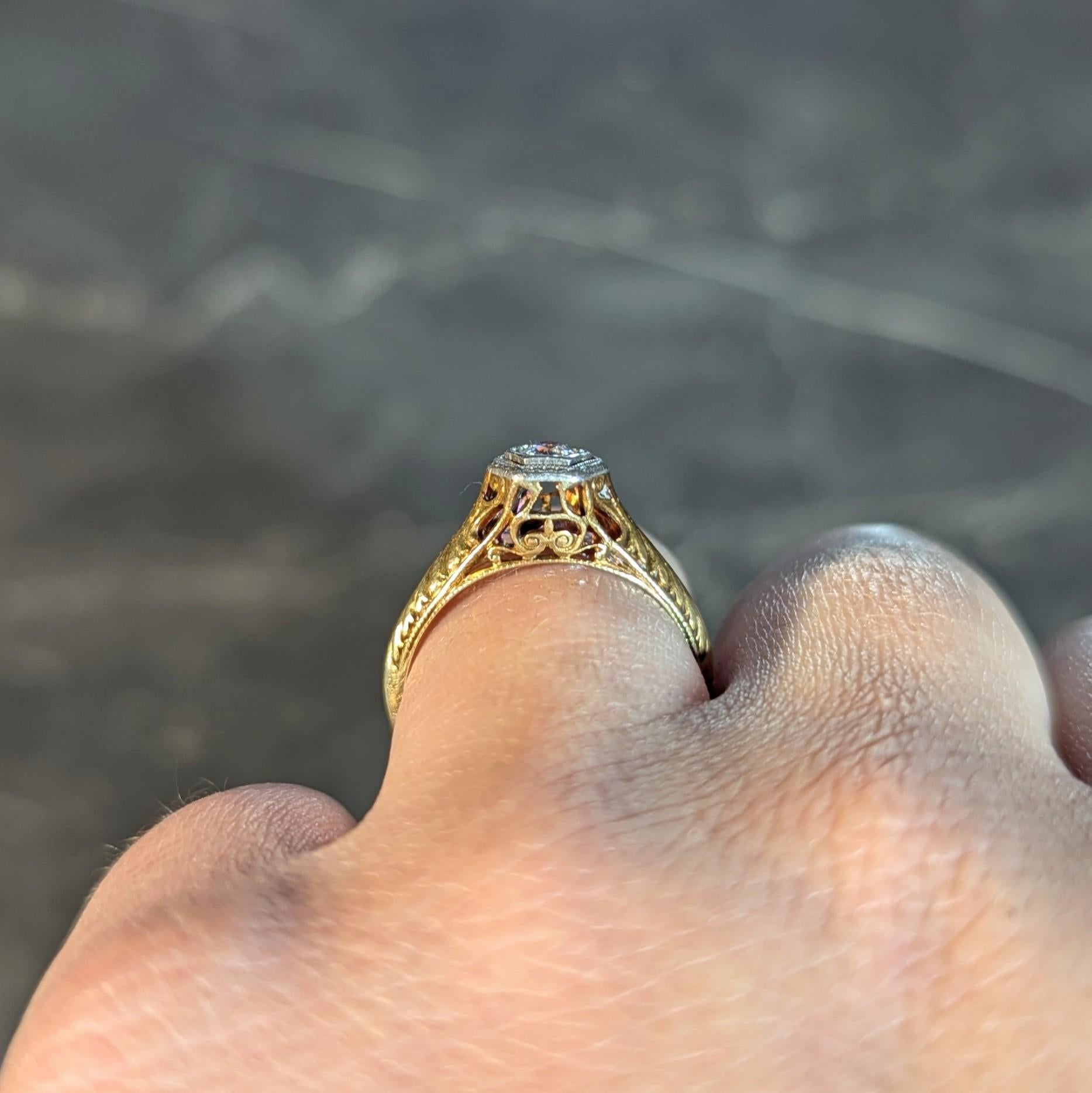 Edwardian European Diamond Platinum 14K Gold Antique Feather Engagement Ring 7