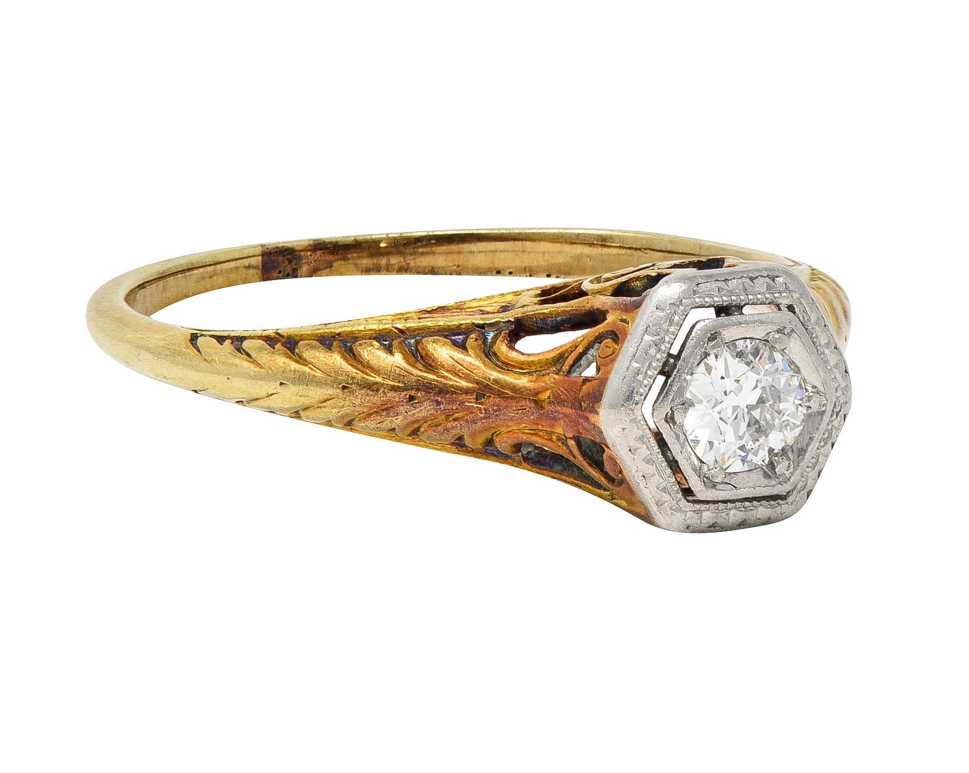 Old European Cut Edwardian European Diamond Platinum 14K Gold Antique Feather Engagement Ring