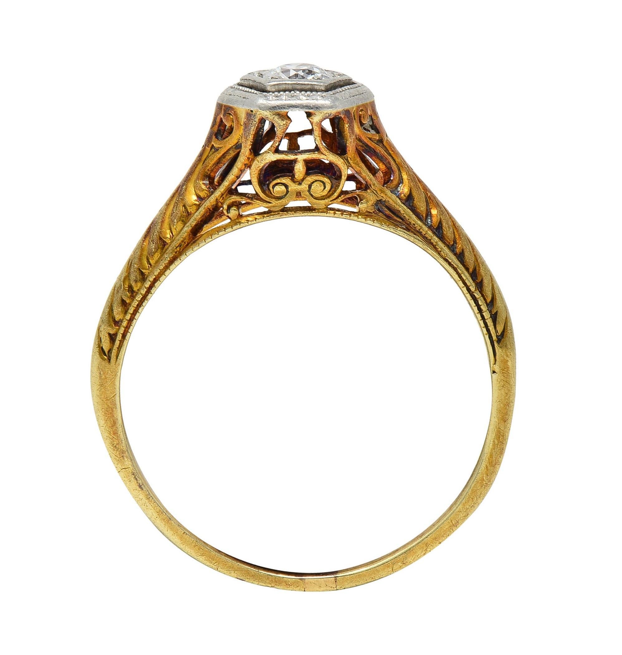 Edwardian European Diamond Platinum 14K Gold Antique Feather Engagement Ring In Excellent Condition In Philadelphia, PA