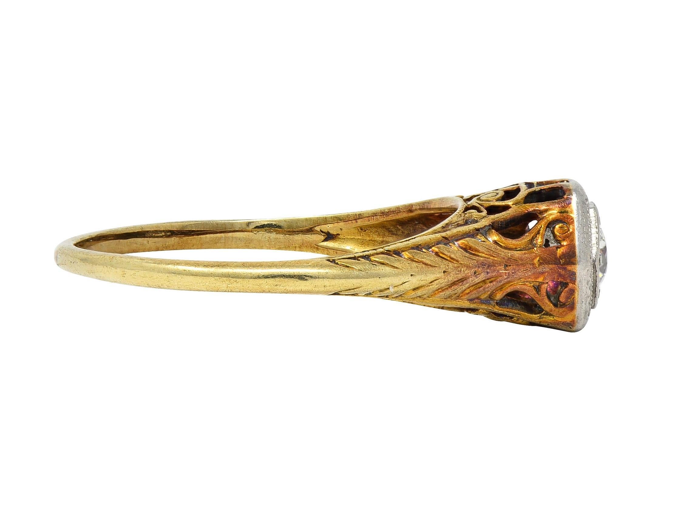 Women's or Men's Edwardian European Diamond Platinum 14K Gold Antique Feather Engagement Ring