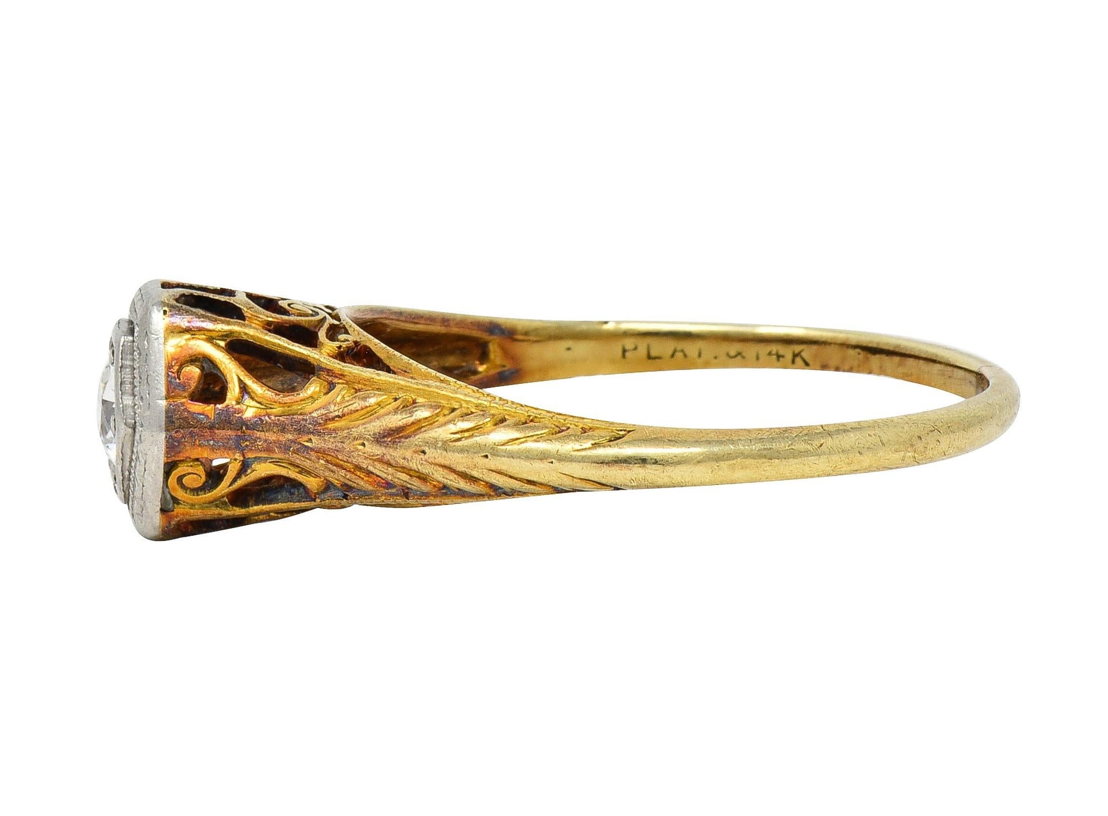 Edwardian European Diamond Platinum 14K Gold Antique Feather Engagement Ring 2