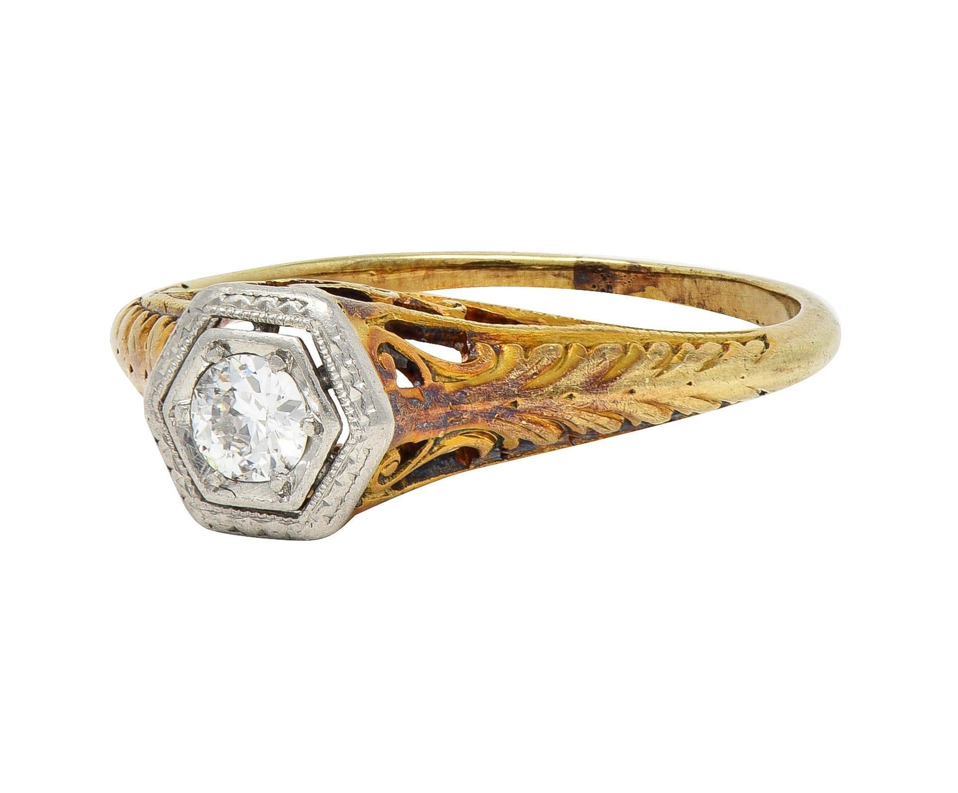 Edwardian European Diamond Platinum 14K Gold Antique Feather Engagement Ring 3