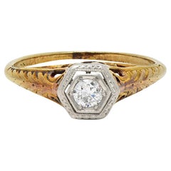 Edwardian European Diamond Platinum 14K Gold Antique Feather Engagement Ring
