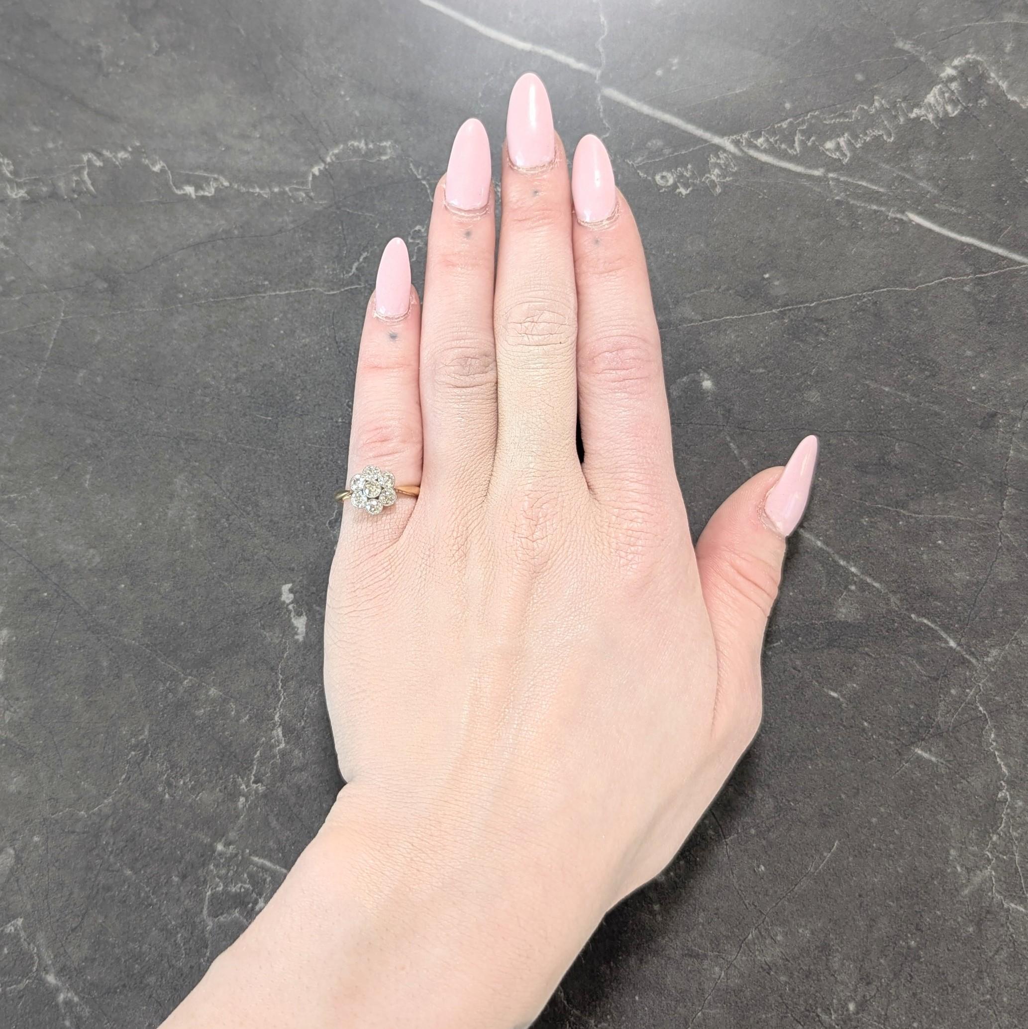 Designed as a cluster of old European cut diamonds weighing approximately 0.95 carat total
L/M color with SI2 clarity - set in platinum-topped milgrain bezels
Arranged as a floral motif with pierced gallery profile
Flanked by tapered cathedral style