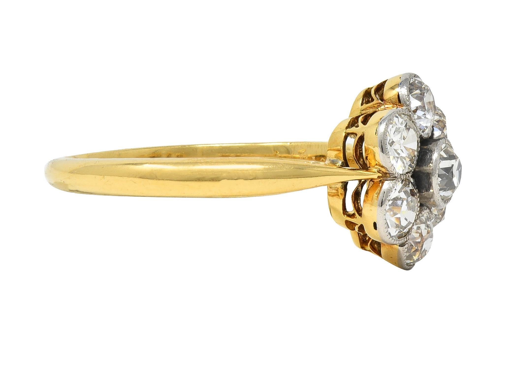 Round Cut Edwardian European Diamond Platinum 18K Yellow Gold Antique Floral Cluster Ring
