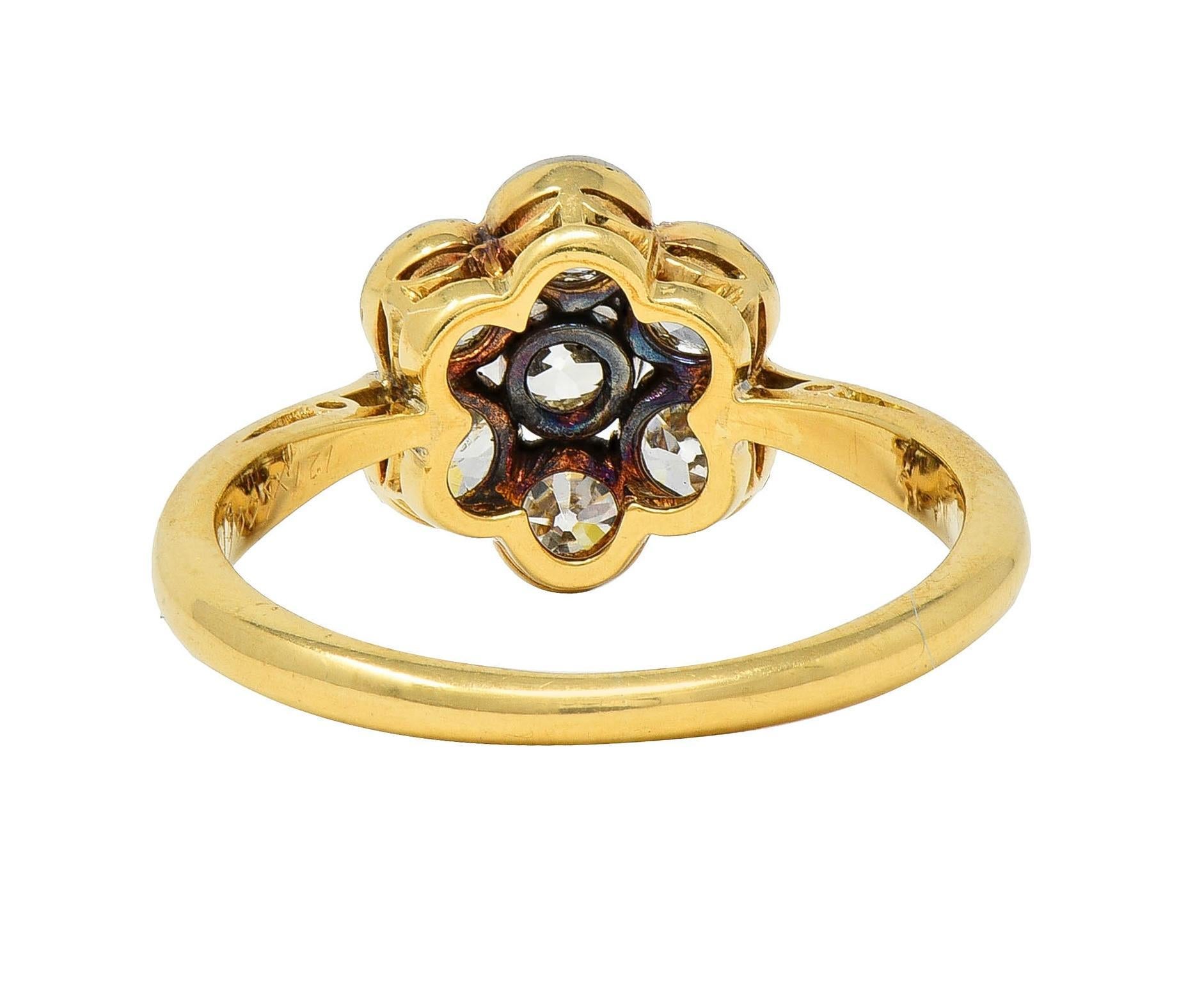 Edwardian European Diamond Platinum 18K Yellow Gold Antique Floral Cluster Ring In Excellent Condition In Philadelphia, PA