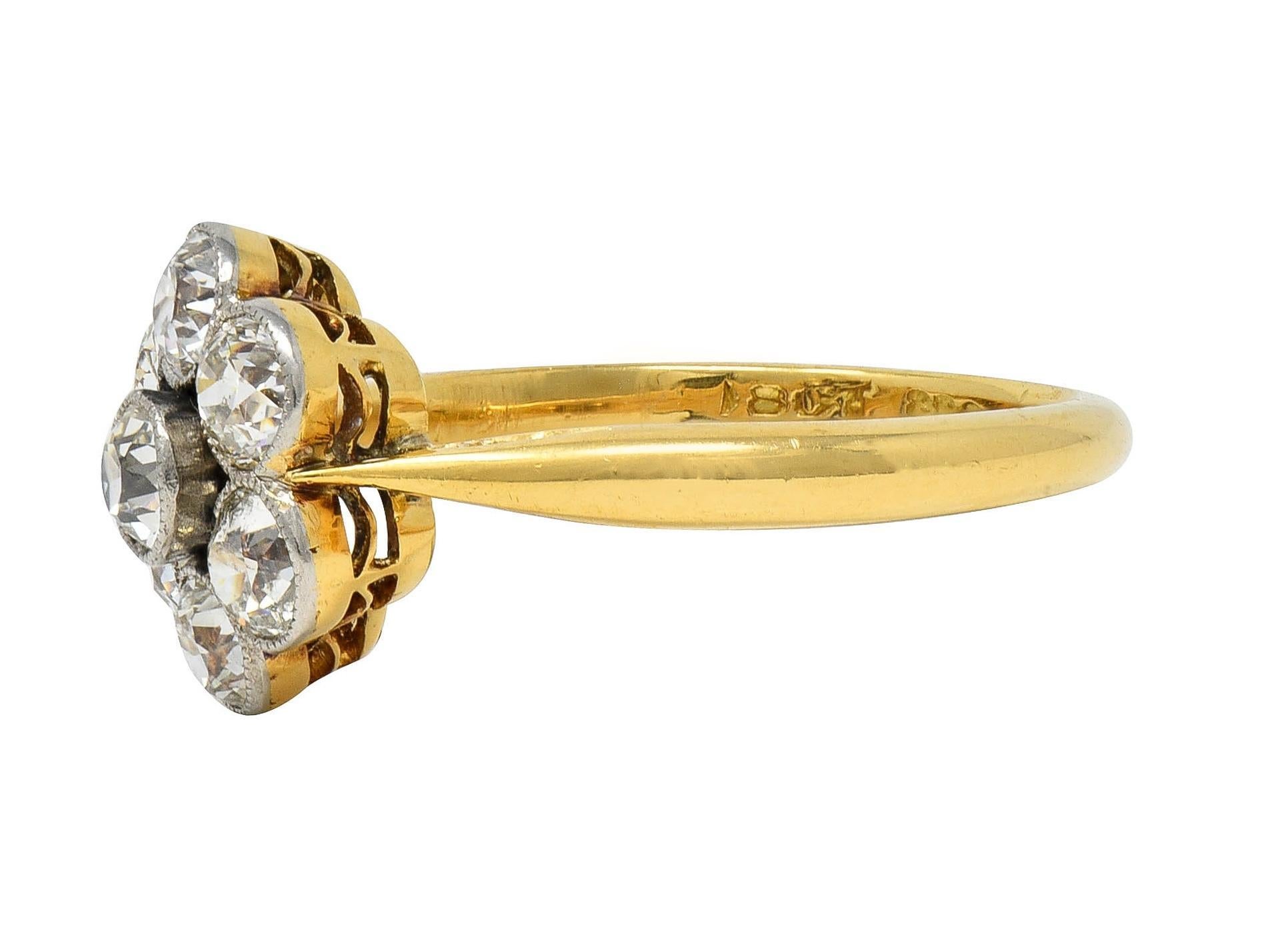 Women's or Men's Edwardian European Diamond Platinum 18K Yellow Gold Antique Floral Cluster Ring