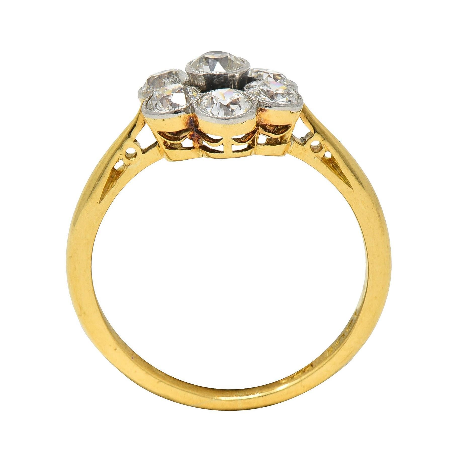 Edwardian European Diamond Platinum 18K Yellow Gold Antique Floral Cluster Ring 2