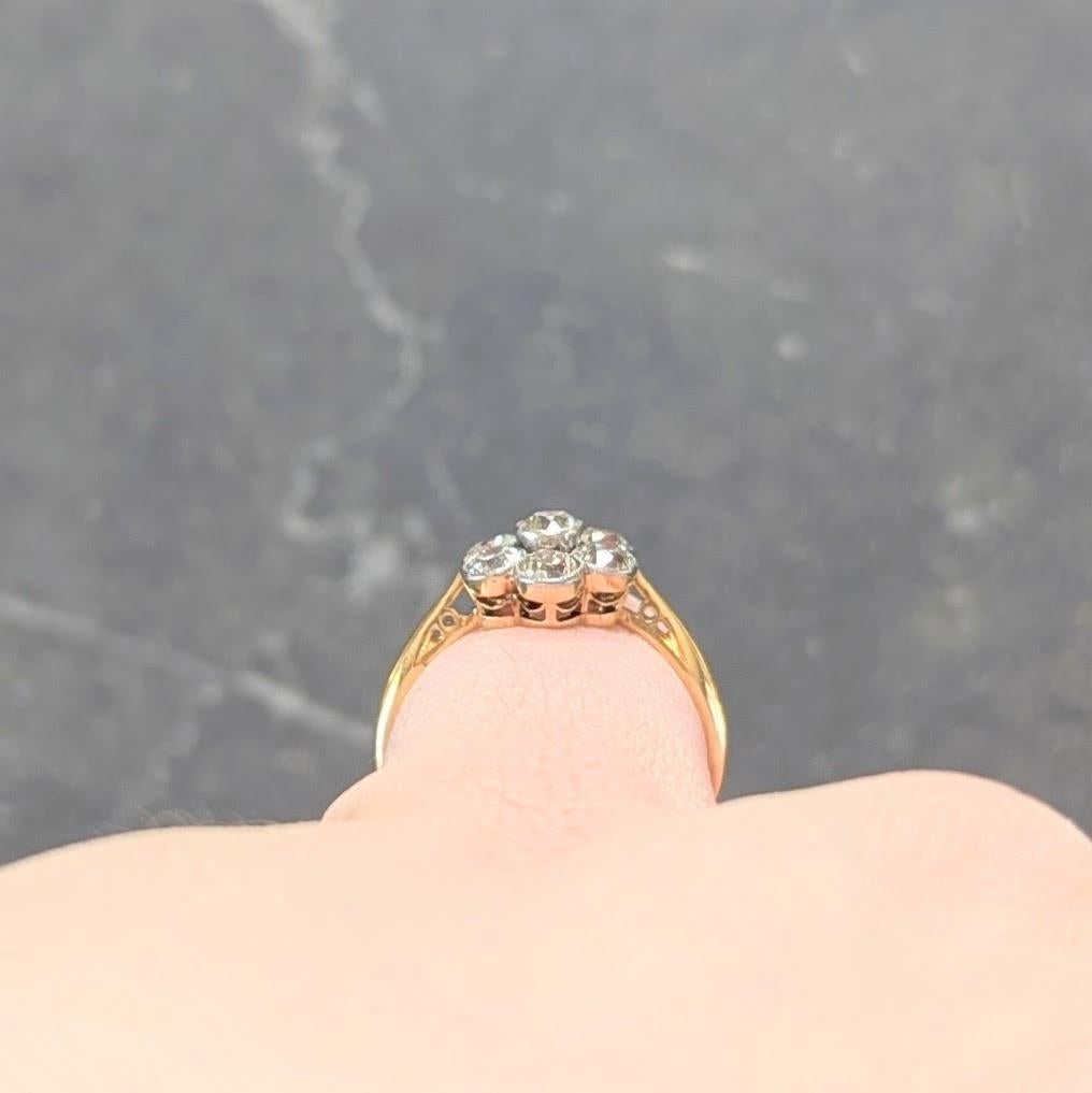 Edwardian European Diamond Platinum 18K Yellow Gold Antique Floral Cluster Ring 3
