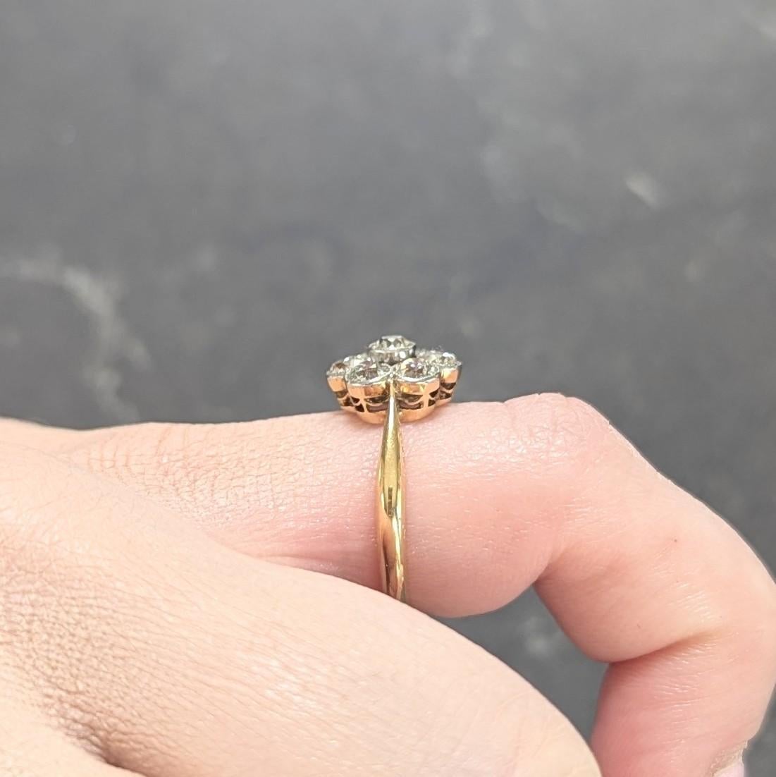 Edwardian European Diamond Platinum 18K Yellow Gold Antique Floral Cluster Ring 4