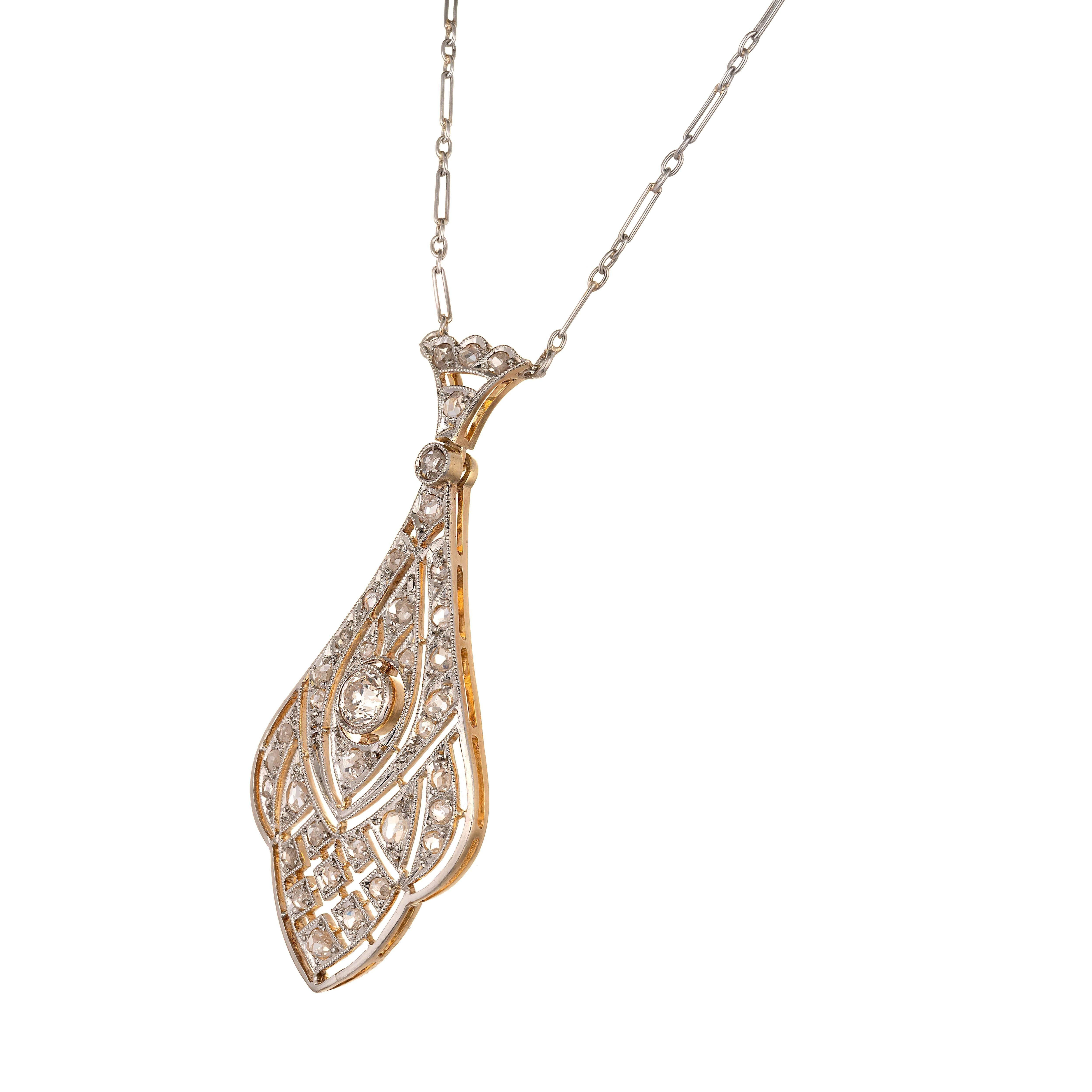 Old European Cut Edwardian European Rose-Cut Diamond Platinum Gold Pendant Necklace