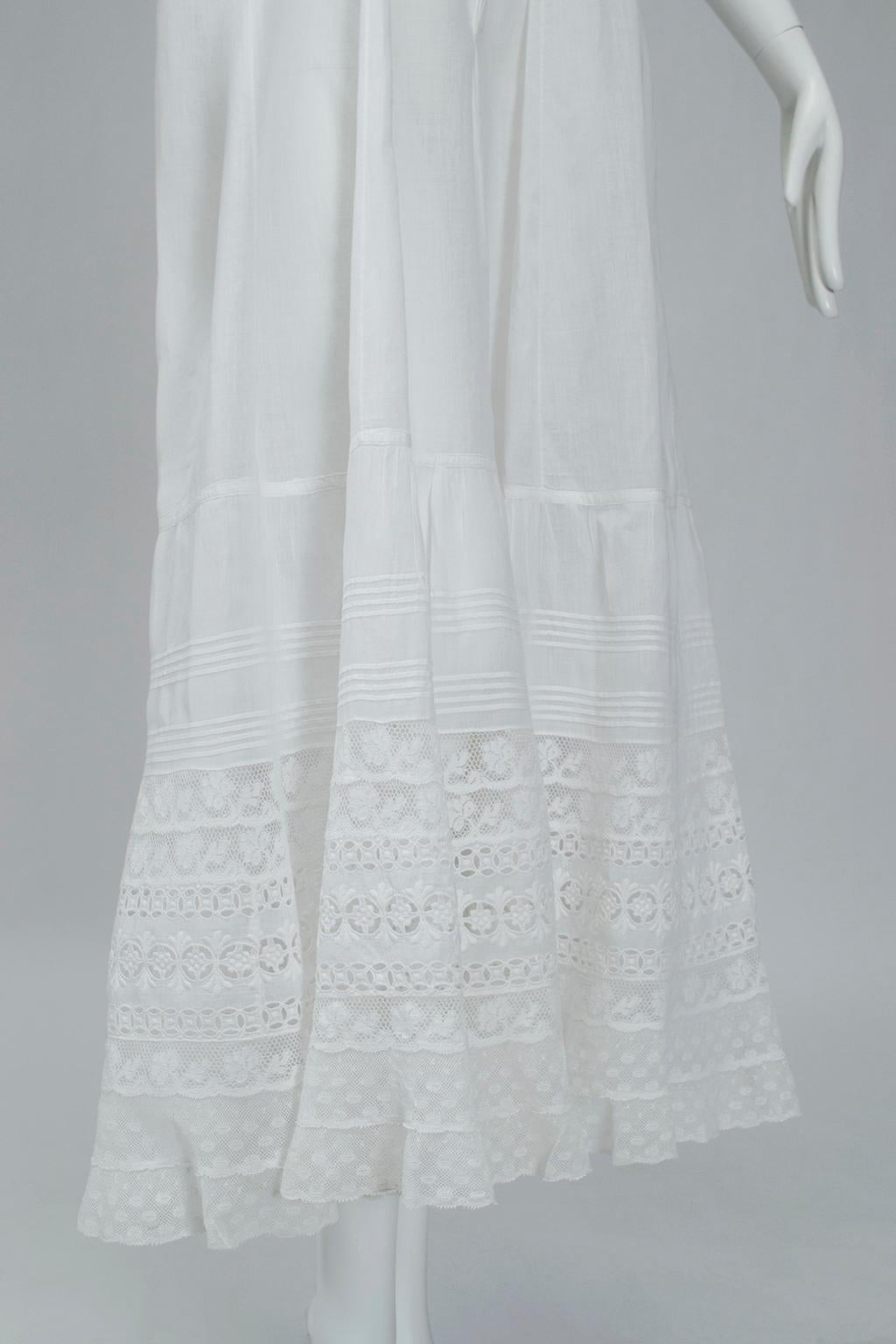 White Edwardian Eyelet and Lace Full Bridal Petticoat Nightgown - XS, 1900s 3