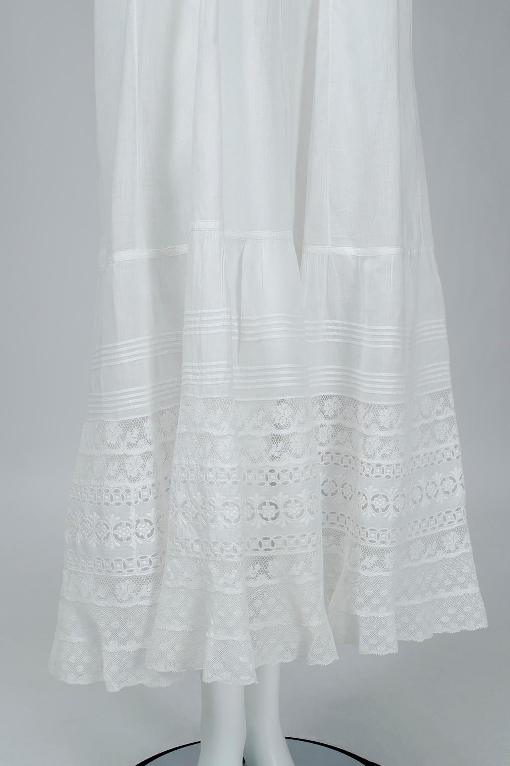 White Edwardian Eyelet and Lace Full Bridal Petticoat Nightgown - XS, 1900s 4