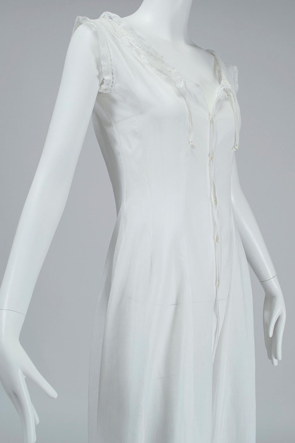 Gray White Edwardian Eyelet and Lace Full Bridal Petticoat Nightgown - XS, 1900s