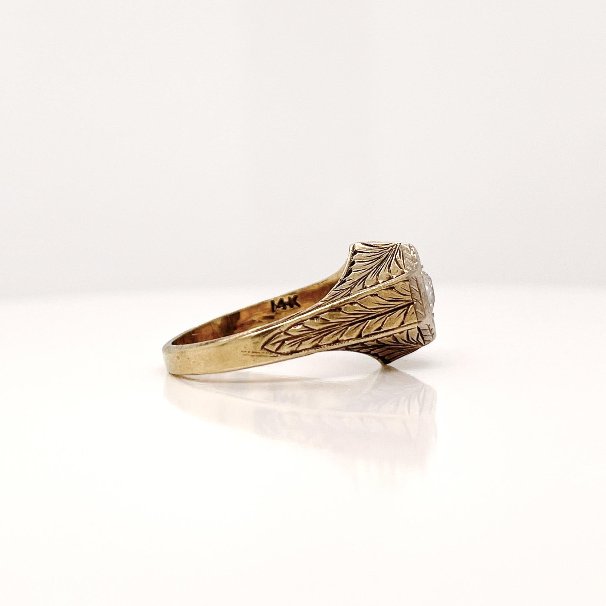 Edwardian Feather Engraved 14 Karat Gold & Old European Cut Diamond Ring For Sale 2