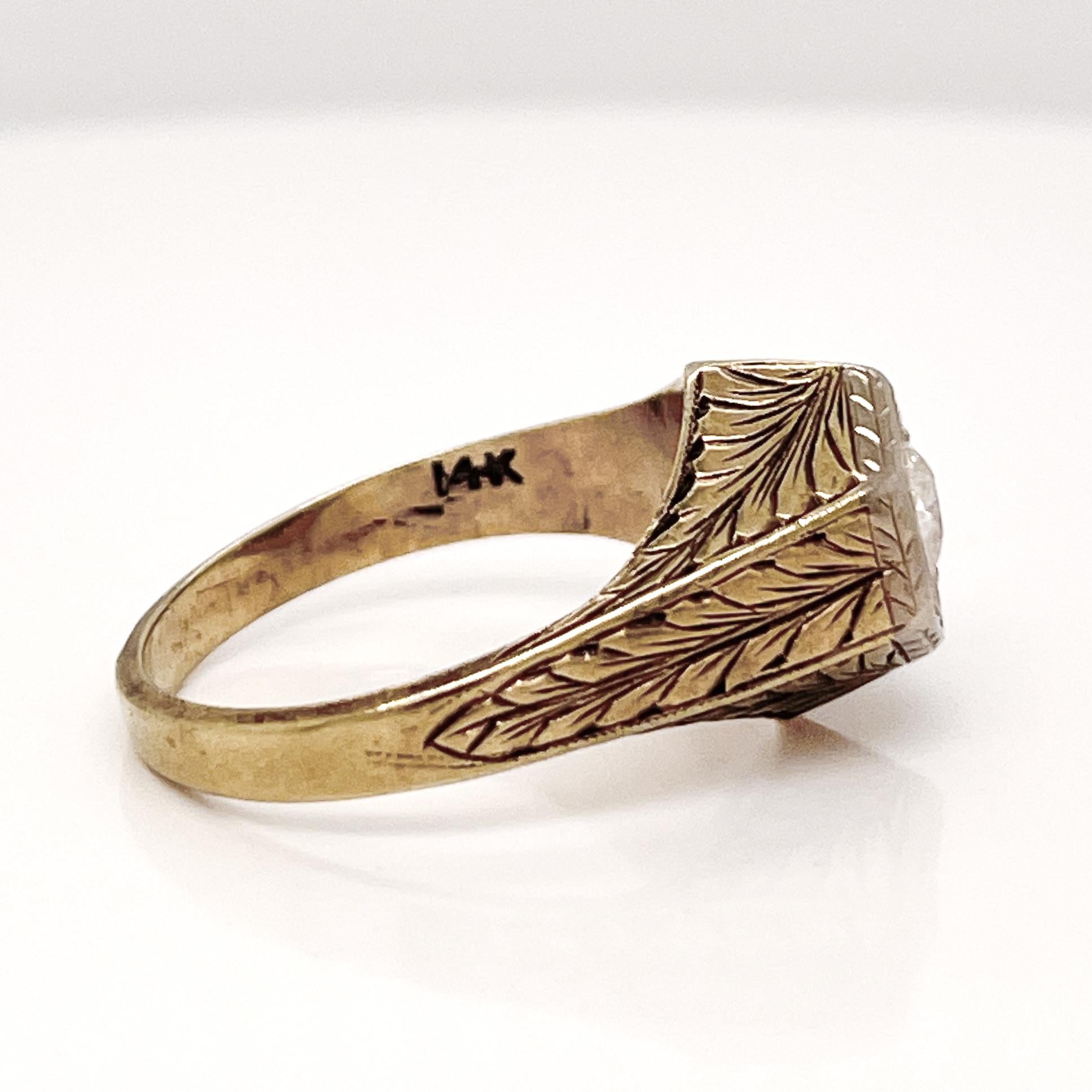 Edwardian Feather Engraved 14 Karat Gold & Old European Cut Diamond Ring For Sale 3