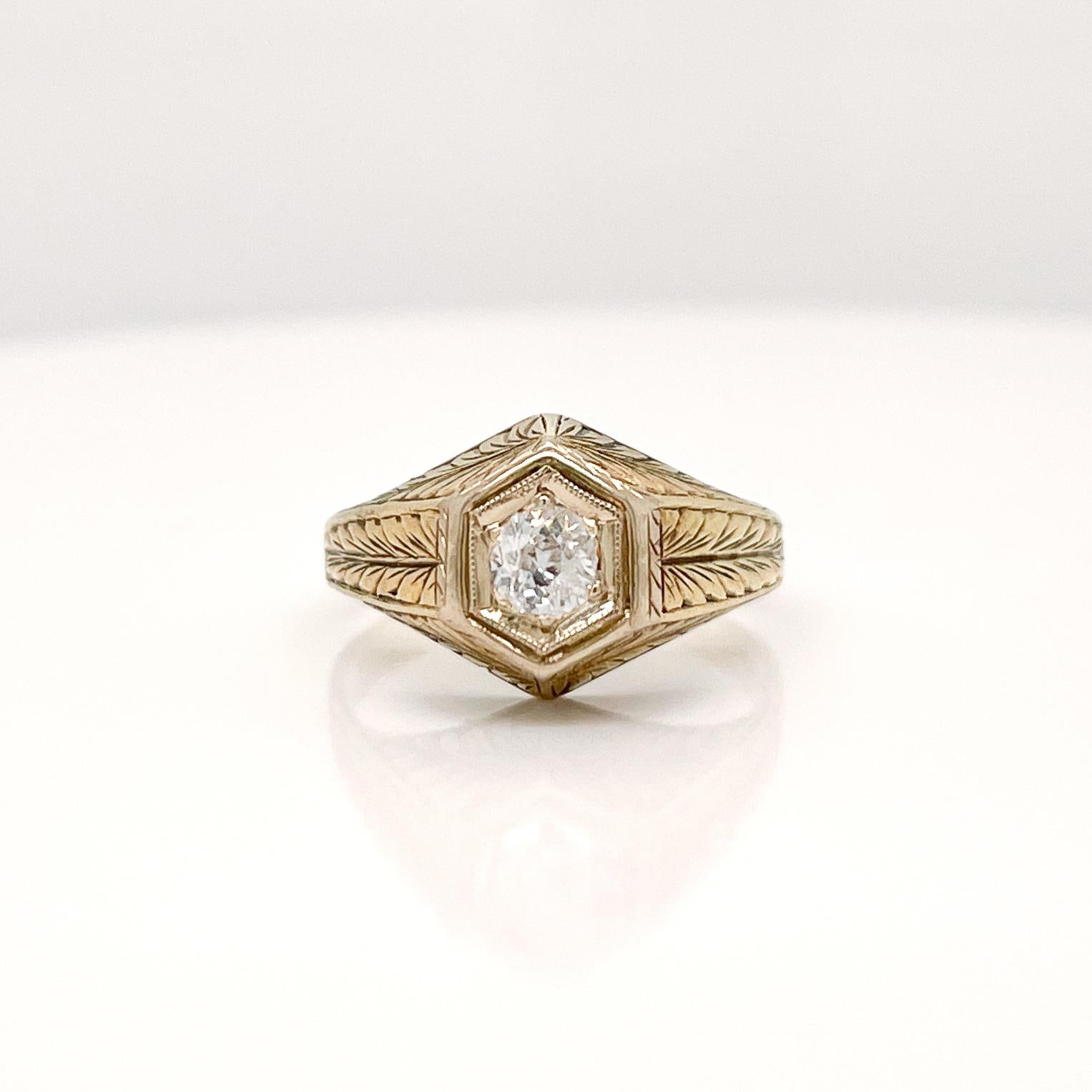 Retro Edwardian Feather Engraved 14 Karat Gold & Old European Cut Diamond Ring For Sale