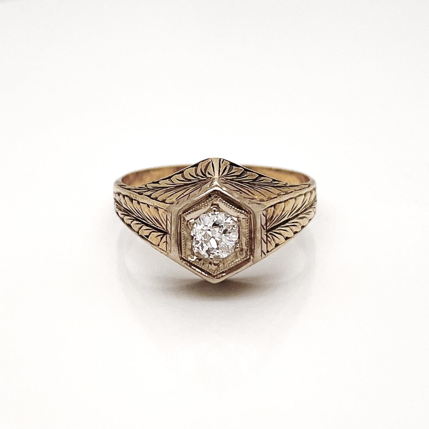 Edwardian Feather Engraved 14 Karat Gold & Old European Cut Diamond Ring In Good Condition For Sale In Philadelphia, PA