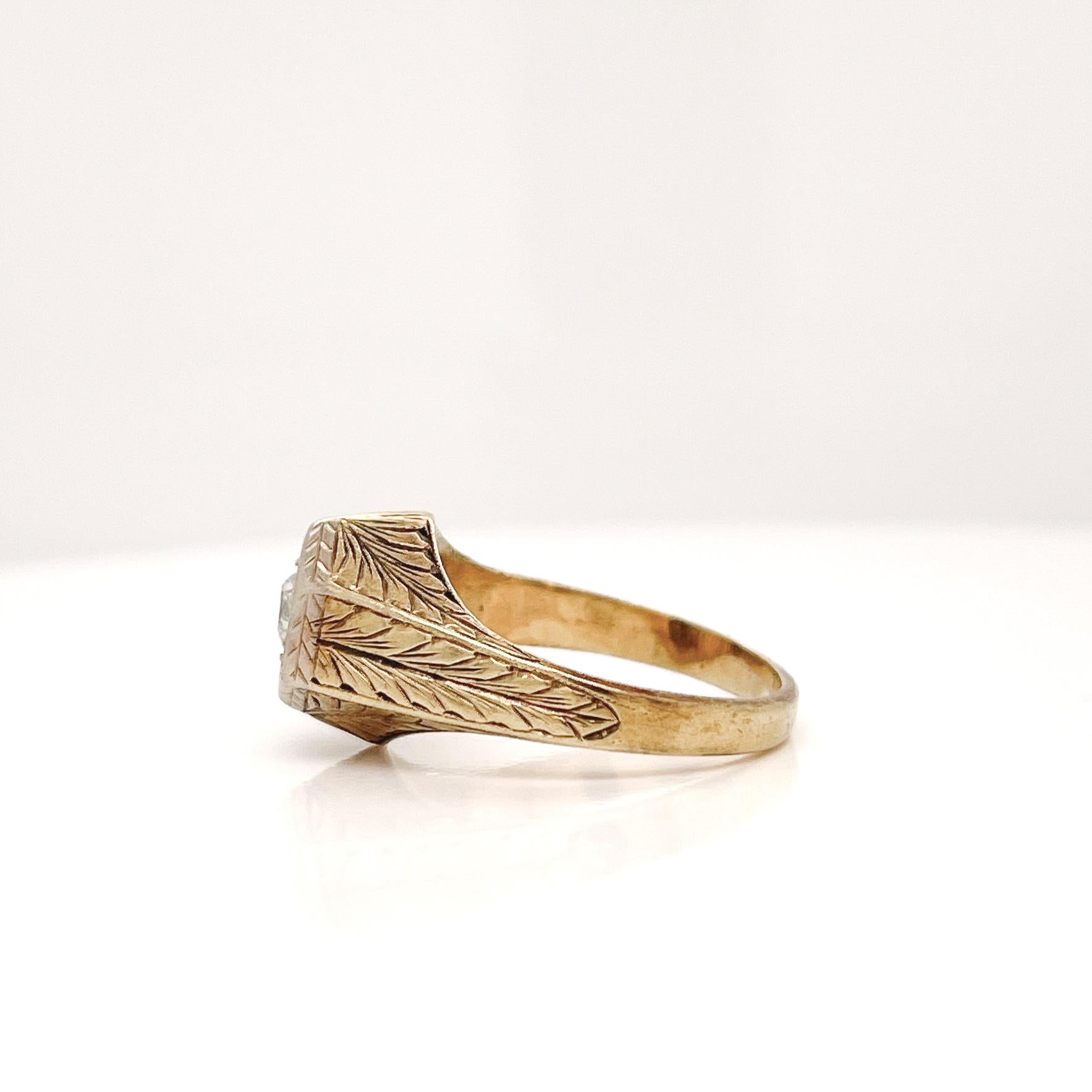 Women's or Men's Edwardian Feather Engraved 14 Karat Gold & Old European Cut Diamond Ring For Sale
