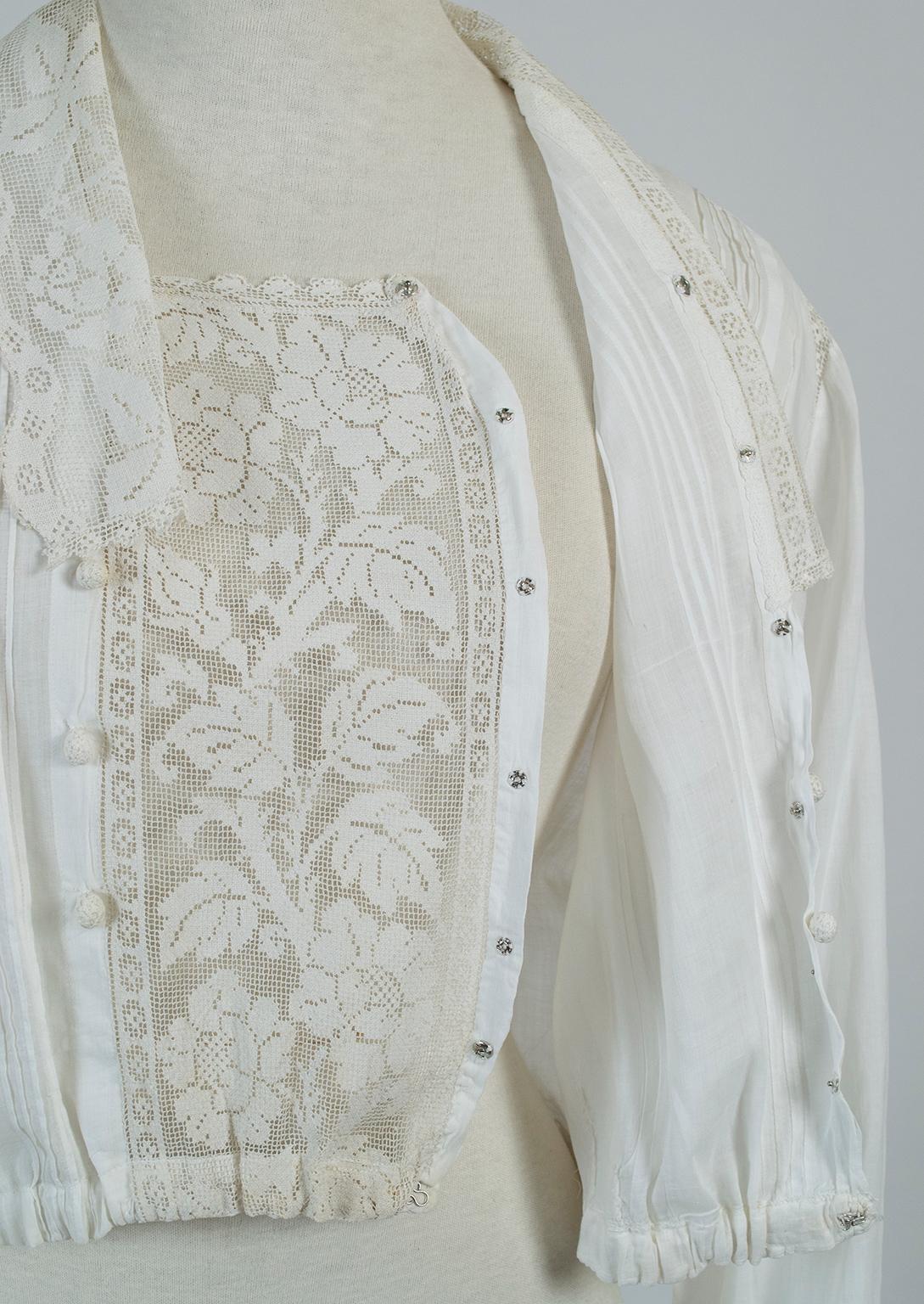 Ivory Edwardian Filet Lace Sailor Collar Blouse - M, 1910s For Sale 4