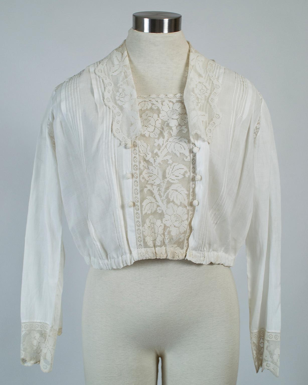 Another example of the Edwardians’ love of contradiction, this blouse covers every square inch of the torso but does so with transparent filet lace, which reveals almost as much as it conceals. We love how the cropped length and elastic waist create